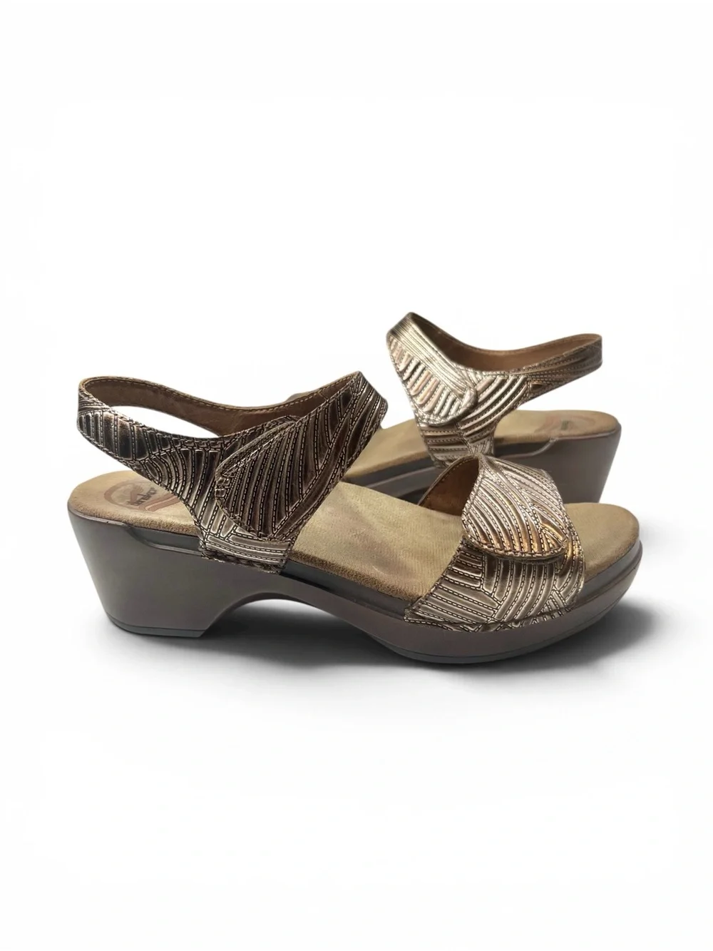 Dansko Wedge Sandals Size 39 Metallic Brown Leather Two-Strap Casual Comfort